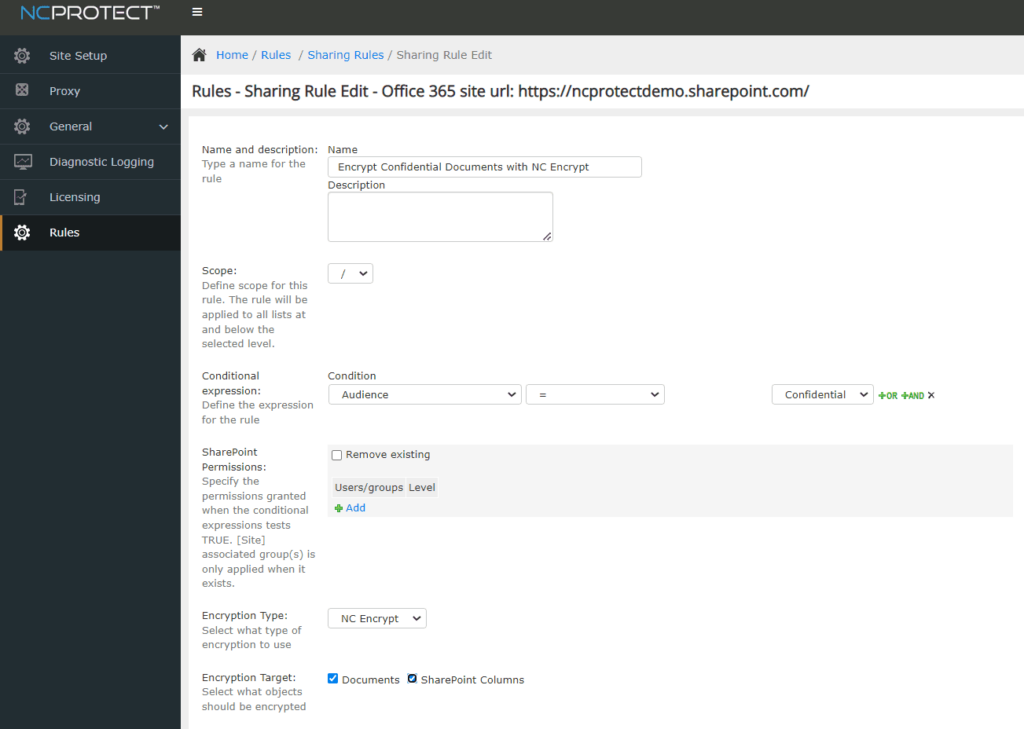NC Encrypt in a Policy shown in a web browser